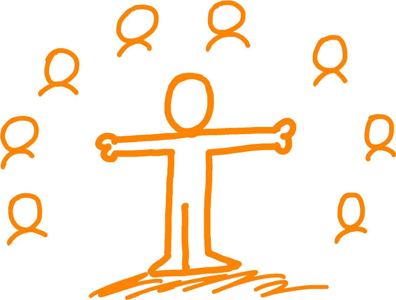 An illustration showing a person positioned in the center with others surrounding them, symbolizing leadership. The central figure appears confident and authoritative, while the surrounding individuals look towards them, indicating their role as a leader within the group.