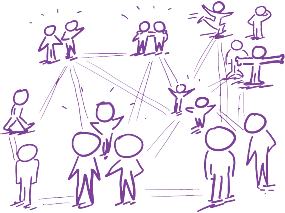An illustration depicting members of an organization arranged in a network formation, with lines connecting them to signify relationships and communication channels. The image represents the interconnectedness and collaboration within the organization's structure.