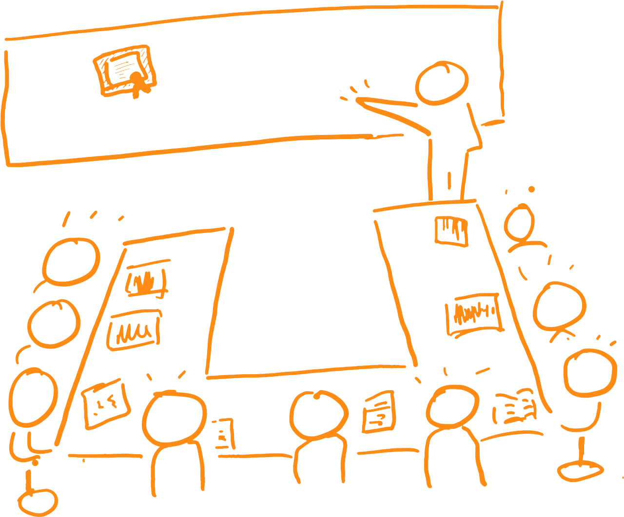 An illustration portraying a Shift Positive certification course in progress. A leader stands at the front of the class, delivering instruction or facilitating discussion, while participants sit at tables, attentively listening and engaging with the material. The image reflects a collaborative learning environment focused on cultivating positive leadership skills and practices.