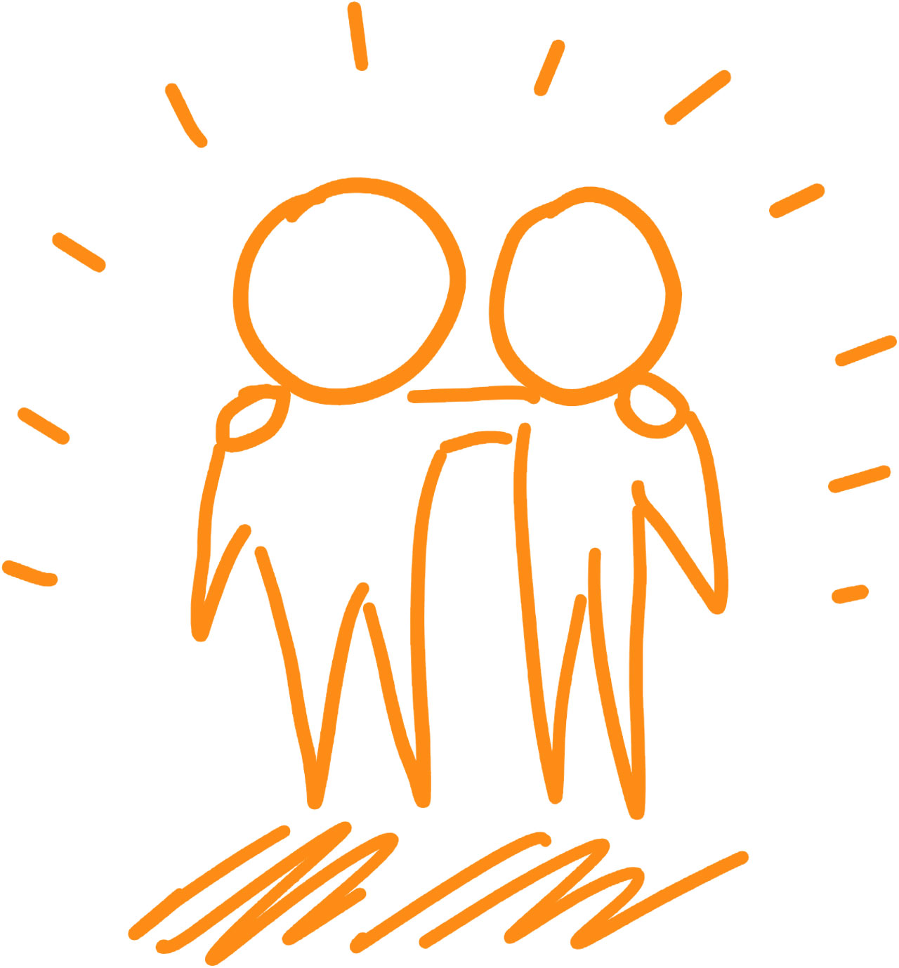 An illustration depicting two individuals standing closely together, each with one arm around the other's shoulder, displaying a sense of friendship or companionship.